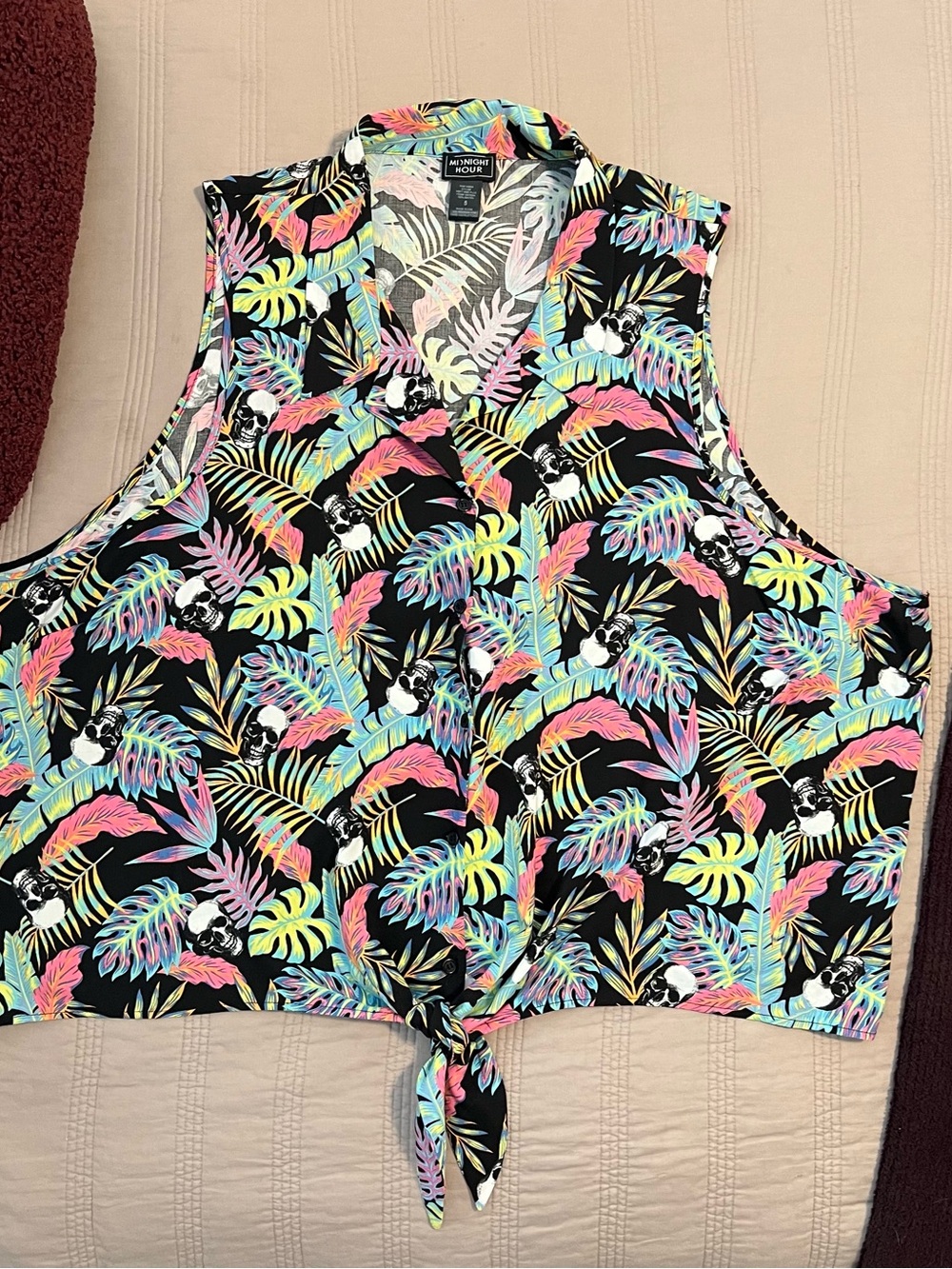 Midnight Hour Tropical Skull Tie-Front Crop Top Neon Leaves on Black Vacation